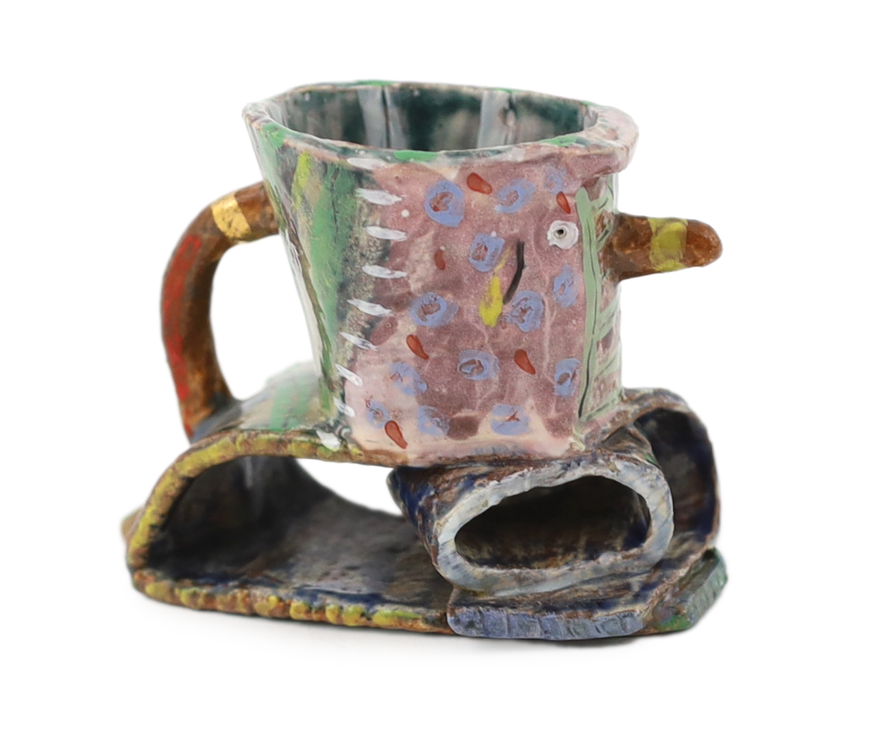 § Angus Suttie (1946-1993), a multi coloured glazed earthenware vase, small chip loss